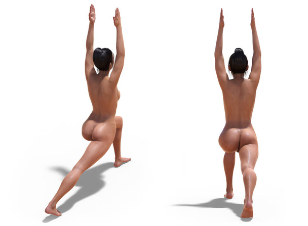 Back three-quarters and Back Poses of a Virtual Sexy Naked Woman in Yoga Warrior One Pose with a white background - Φωτογραφία, εικόνα