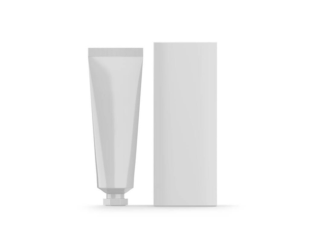 Bílá lesklá plastová tuba pro kosmetiku - kosmetický krém, gel, péče o pleť, hydratační krém, zubní pasta. Vzor balení mockup na izolovaném bílém pozadí, 3D ilustrace - Fotografie, Obrázek