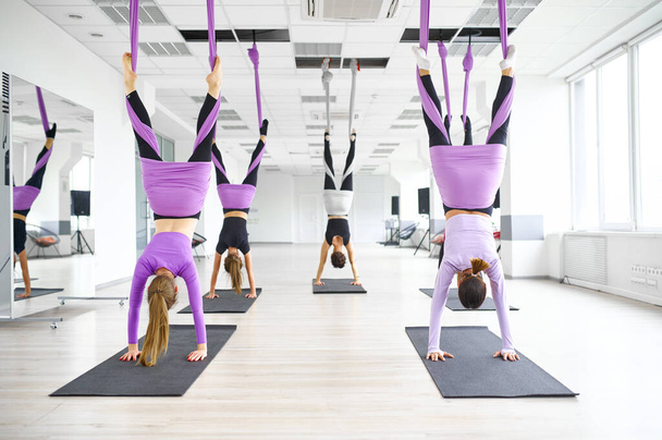 Aerial yoga class, female group training, hanging on hammocks. Fitness, pilates and dance exercises mix. Women on yogi workout in sports studio - Photo, Image