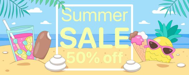 Beach party sea summer horizontal sale banner. 50% off banner design template for discount, coupon, ad, flyer or poster. Cocktails, pineapple, funny sunglasses, ice cream. Party Summer backdrop Vector - Vector, Image
