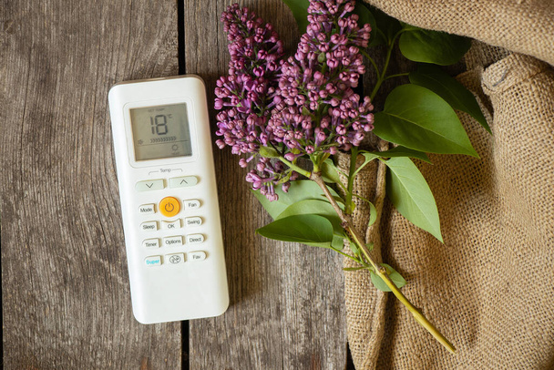 control remoto blanco desde el aire acondicionado y una rama de sirena en flor en una mesa de madera de primer plano - Foto, Imagen
