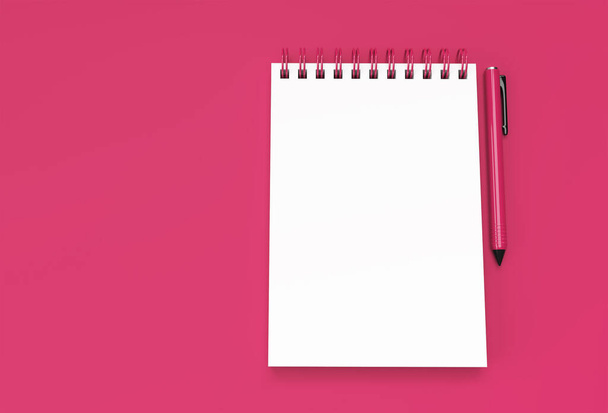 3D Render Pen y Bloc de notas sobre el fondo rosa pastel. - Foto, Imagen