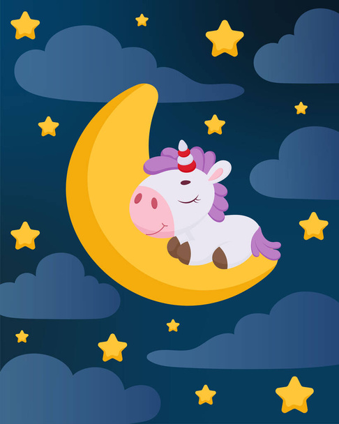 Cute magical unicorn sleeping on moon in night sky. Cartoon character for kids room decoration, nursery art, birthday party, baby shower. Bright colored stock vector illustration - Vector, Image