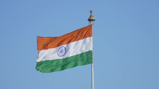 Hint Bayrağı Tiranga, Tricolor anlamına gelir, yükseklik açılır, arkaplanda mavi gökyüzü 60fps Apple 422 CInetone. - Video, Çekim