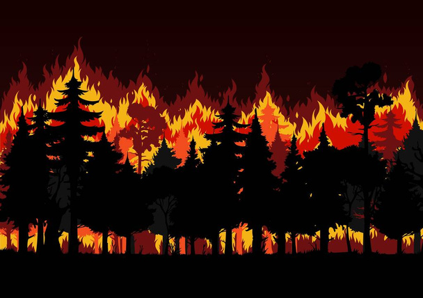Pożar lasu z płonących drzew i wektor dymu projektowania ochrony środowiska i dzikiej klęski żywiołowej. Wildfire lub bushfire charakter tło krajobraz drewna z drzewami, czerwony ogień płomienie i iskry - Wektor, obraz