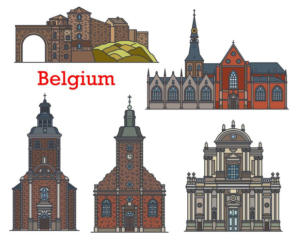 ベルギーのランドマーク、教会やナミュール、 Stavelotとハッセルト、ベクトル建築の大聖堂。ベルギーの有名な聖セバスティアン教会のランドマークStavelotと南の聖オービン大聖堂 - ベクター画像