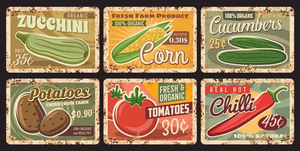 Farm vegetables harvest rusty metal plate. Zucchini, corn and cucumbers, potatoes, tomatoes and chili pepper tin signs. Local organic farm healthy, fresh and natural vegetables vector grungy plates - Vector, Image