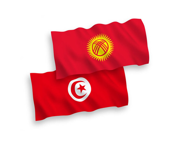 Bandeiras de tecido vetorial nacional da República da Tunísia e do Quirguistão isoladas em fundo branco. Proporção de 1 a 2. - Vetor, Imagem