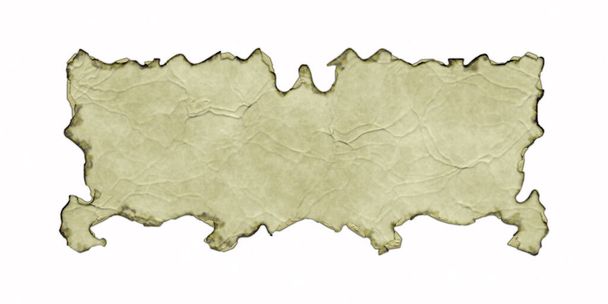 Прапор античного пергаменту з обгорілими та зігнутими краями, ізольованими на білому тлі. Ілюстрація 3D. Старий вінтажний сувій із зморшками та складками. Середньовічний стародавній щит. Шаблон:. - Фото, зображення