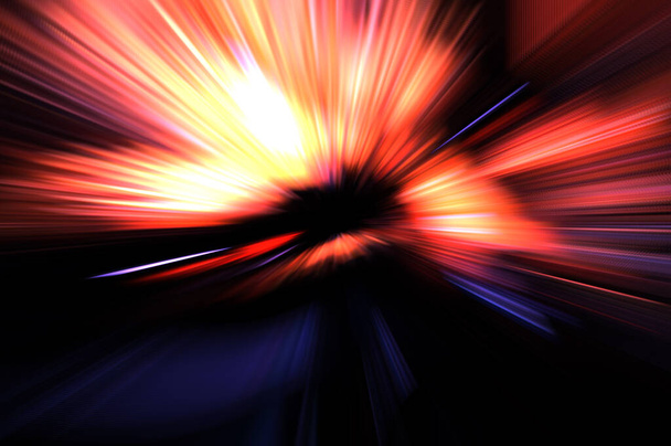 Fast high speed blur zoom background. Light technology abstract wallpaper. Colorful vibrant flashes of light energy. Warped graphic motion background. Dynamic blast flash. Acceleration effect. - Photo, Image