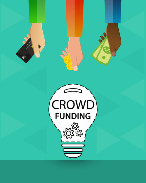 Ampoule comme symbole d'idée et main tenant la carte de crédit, pièce et billet comme concept de crowdfunding - Vecteur, image