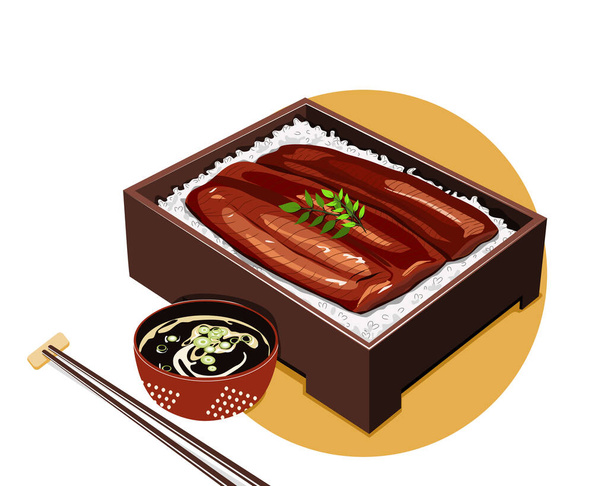 Унаги Кабаяки Японский Эль Гриль со сладким соусом в бентобокс с супом и палочками для еды. Изолированный Унаги Бенто на белом фоне. Векторная иллюстрация азиатской еды   - Вектор,изображение