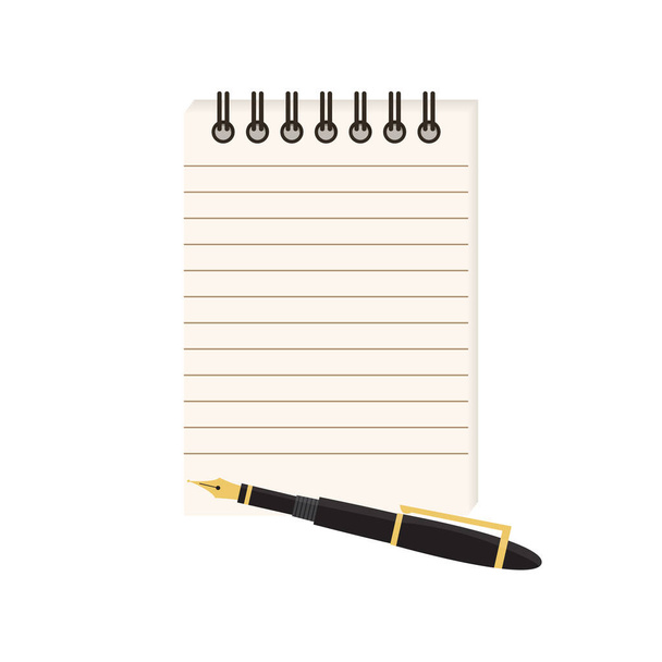 Flat vector illustration of spiral notepad with lines with space for text and fountain ink pen. Note taking concept. Isolated on white background. - Vector, Image