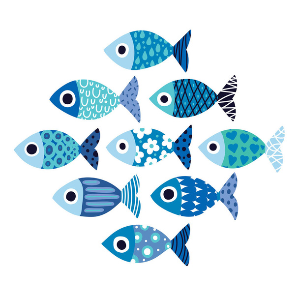 Niedliches Poster mit blauem Vintage-Fisch. - Vektor, Bild