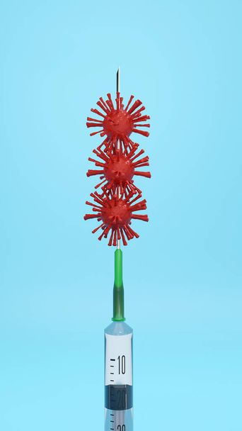 3Dレンダリング。Covid-19コロナウイルスワクチンボトルと注射器のための創造的なデザイン。コロナウイルス(2019-nCoVウイルス)インフルエンザ治療薬製造コンセプト. - 写真・画像