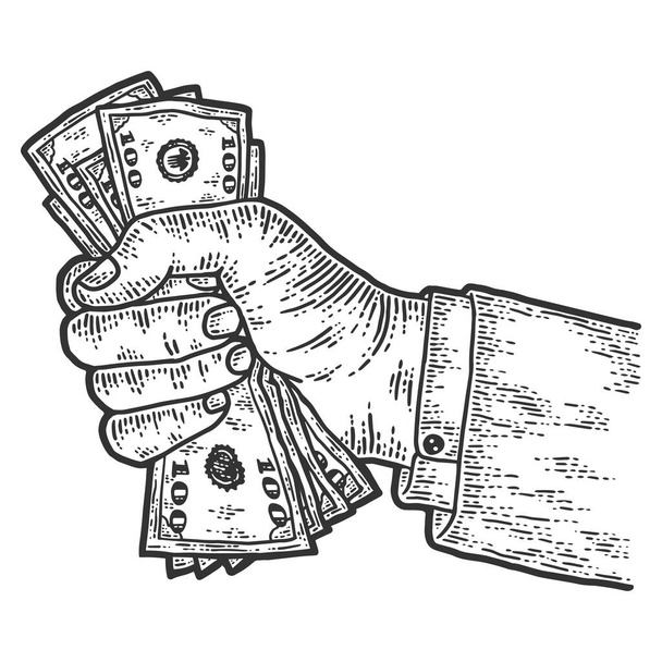 Mannelijke hand knijpt in dollarbiljetten. Schets krabplank imitatie. - Vector, afbeelding