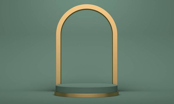 Cosmetics podium with golden arch on green background. 3d rendering - Foto, Bild