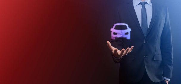 Digitale composiet van Man met auto-icon.Car autoverzekering en auto-diensten concept. Zakenman met gebaar en icoon van auto. - Foto, afbeelding