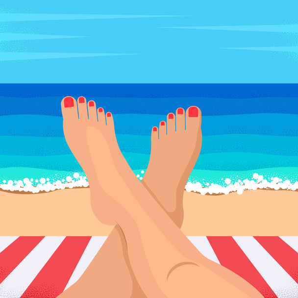 Legs of a young woman on the background of the ocean. the concept of hotel rest and travel south. vector illustration - Vector, Image