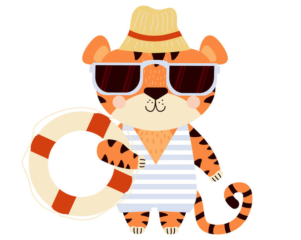 Cute tiger. beach guy - Funny striped character on the beach in sunglasses, a hat, a swimsuit and a lifebuoy in a paw. Vector illustration. For design, printing, card and decora  - Vector, Image