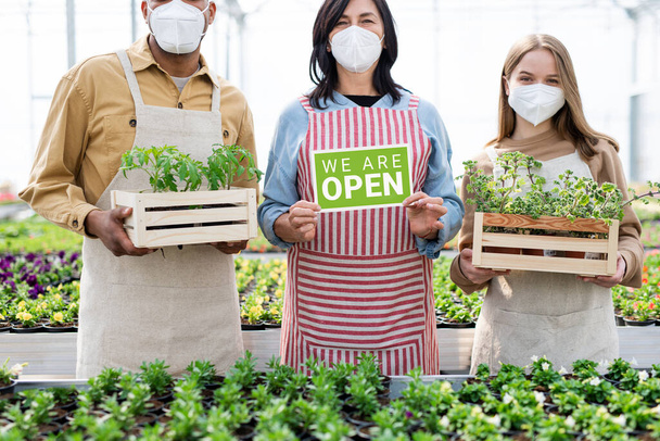 People working in greenhouse in garden center, store open after coronavirus lockdown. - Zdjęcie, obraz