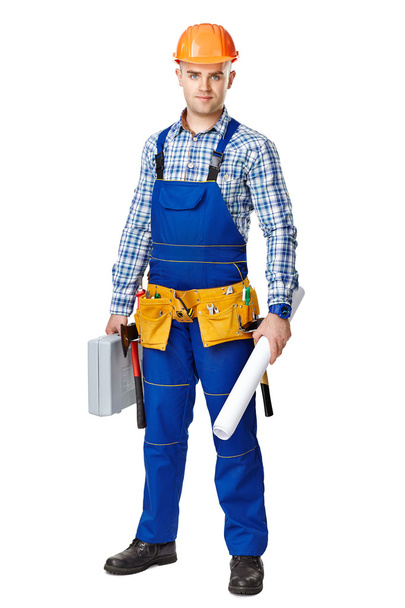 Construction worker with toolbox and drawings - Foto, Imagen