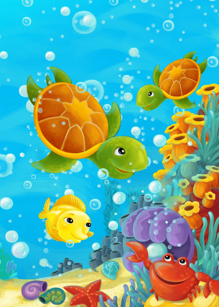 cartoon ocean scene with coral reef and forest animals diving - illustration for children - Zdjęcie, obraz