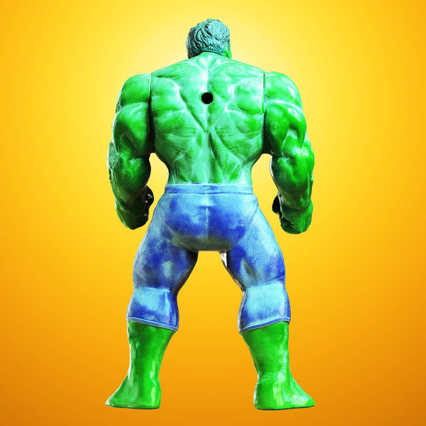 Sırtında sarı arka planda bir delik olan yeşil oyuncak Hulk. Arkadan bak. 3d oluşturma - Fotoğraf, Görsel