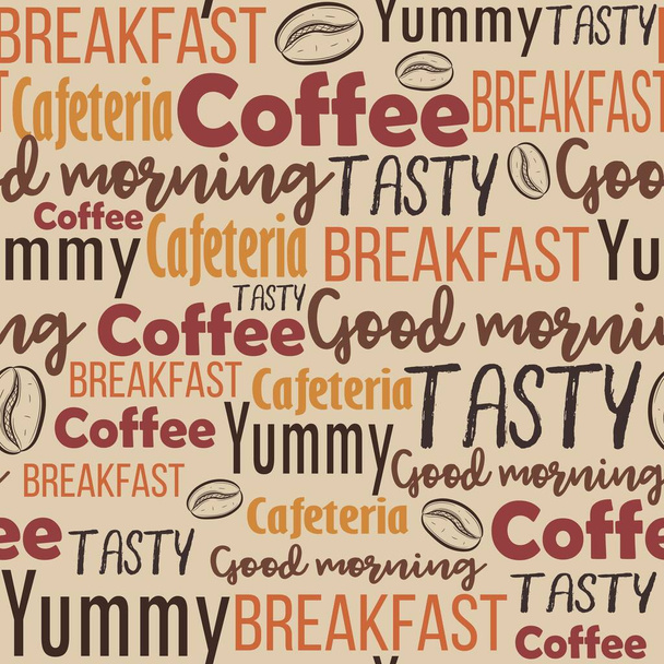 Word-Wolke mit unterschiedlichen Texten zum Kaffeemenü. Nahtloses Muster mit Worten für Brunch und Frühstück über Getränke und Essen. Hintergrund für Restaurants und Cafeterien. - Vektor, Bild