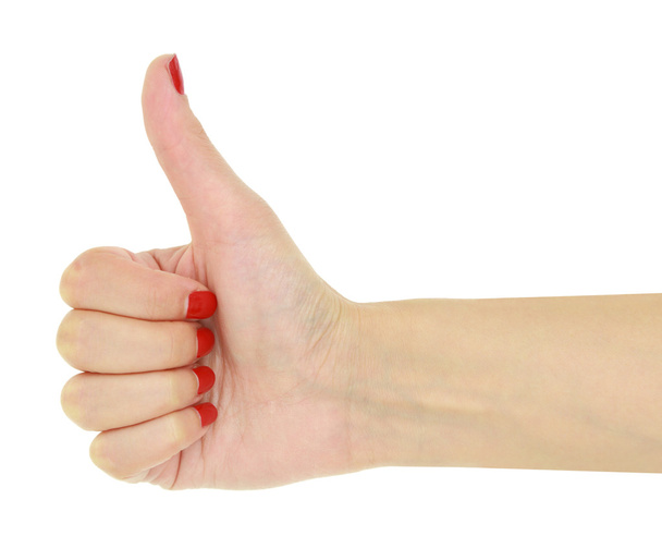 Daumen hoch weibliche Hand mit roten Nägeln isoliert - Foto, Bild