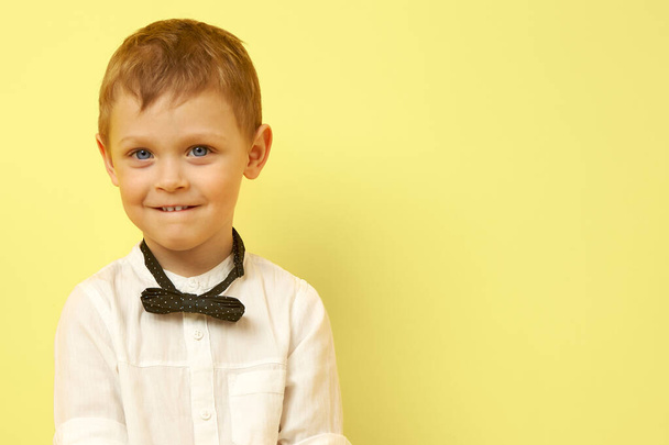 The modest boy in the bow tie smiles biting his lower lip - Φωτογραφία, εικόνα