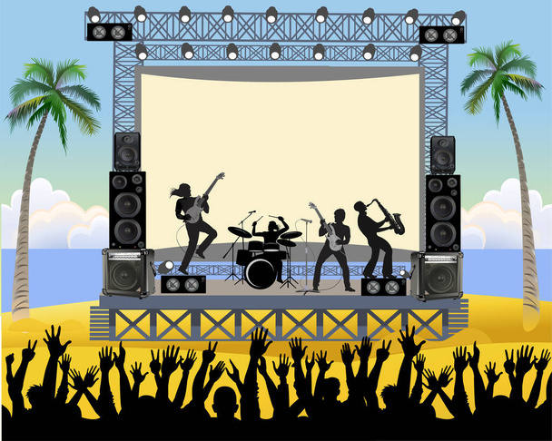 Escenario concierto al aire libre en la playa. Festival de verano al aire libre concierto con banda de música pop tocando música al aire libre en el escenario - Vector, Imagen