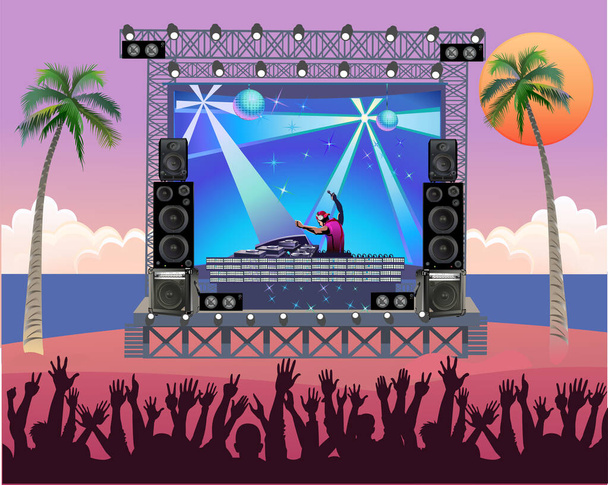 Kültéri koncert színpad a tengerparton. Szabadtéri nyári fesztivál koncert pop zene DJ zenét játszik szabadban a színpadon - Vektor, kép