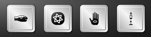 Set Serpent, cartes de tarot, Hamsa main et brûlant icône de bougie. Bouton carré argenté. Vecteur - Vecteur, image