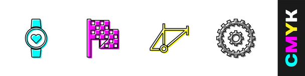 Set Reloj inteligente, bandera a cuadros, marco de bicicleta e icono de casete. Vector - Vector, imagen
