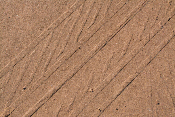 Rueda de coche neumáticos huella de impresión en la arena de la playa - Foto, imagen