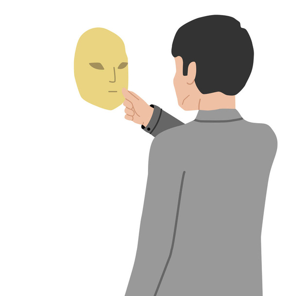 Kimliğini saklayan birinin vektör çizimi. Gizemli bir genç adam elinde bir tiyatro maskesi tutuyor ve ona bakıyor. Sahtekar sendromu konsepti. - Vektör, Görsel