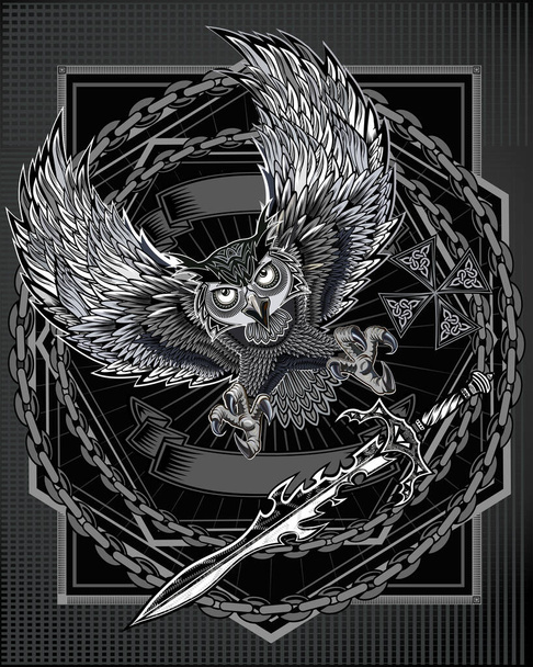 El vuelo del búho y la espada mágica. Búho pájaro que simboliza sabiduría. Ilustración para imprimir - Vector, imagen
