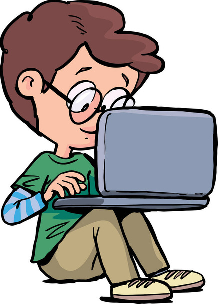A szemüveges fiú laptopot használ, és térden állva tartja. - Vektor, kép