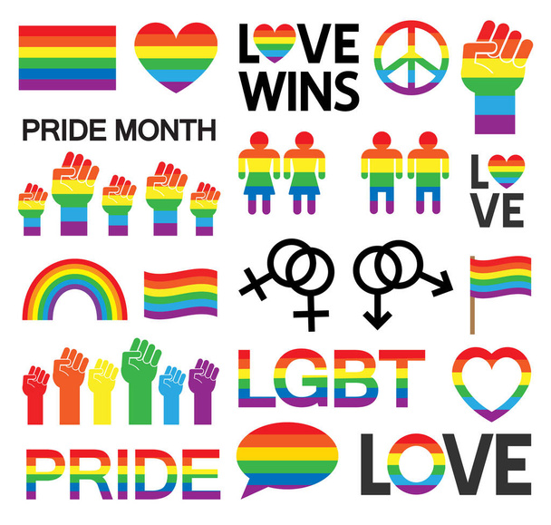 Vector set bundle of flat cartoon lgbt pride rainbow elements isolated on white background - Vector, Image