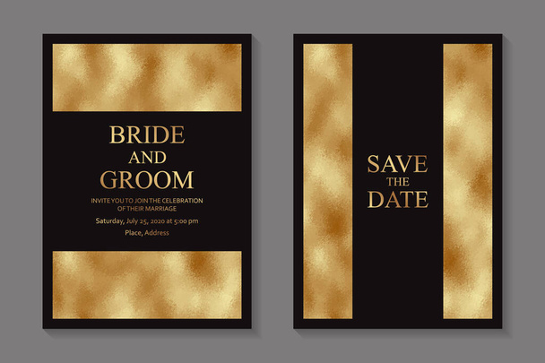 Set van moderne luxe bruiloft uitnodiging ontwerp of kaart sjablonen voor het bedrijfsleven of presentatie of begroeting met gouden folie op een zwarte achtergrond. - Vector, afbeelding