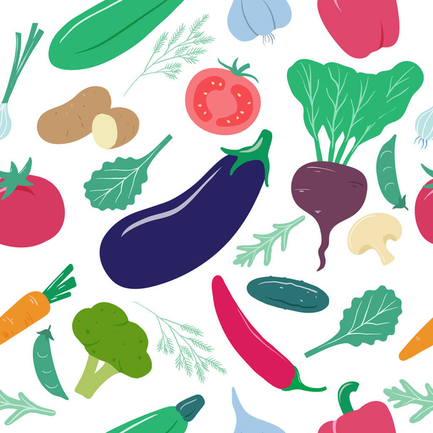 Vihanneksia. Vegaaniset luomuperunat, tomaatti ja punajuuret, sienet ja paprikat, porkkanat ja parsakaali, valkosipulin saumaton vektorirakenne - Vektori, kuva