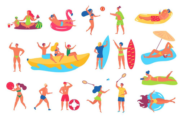 Des gens sur la plage. Homme et femme en maillot de bain bronzant, relaxant sur une serviette de plage. Amis jouant à des jeux sportifs. Ensemble vectoriel vacances d'été - Vecteur, image