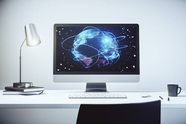 Computer monitor with abstract graphic digital world map with connections, globalization concept. 3D Rendering - 写真・画像
