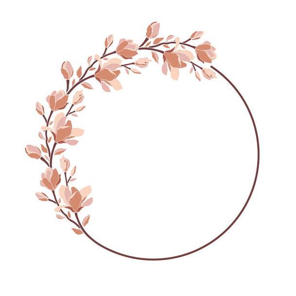 Wreath, floral frame with magnolia branches, flowers, leaves, blooming buds isolated on white. Vector illustration in trendy minimalist style. Template for wedding invitation, greeting card design. - Vektor, Bild