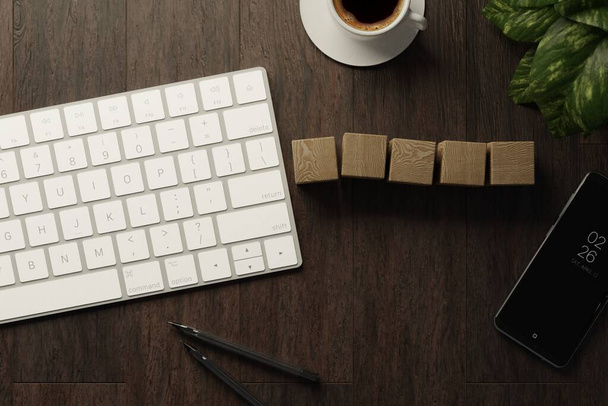 Travailler à la maison. bureau avec clavier, cubes en bois vierges, tasse à café et stylo sur table en bois. Plat vue de dessus - Photo, image