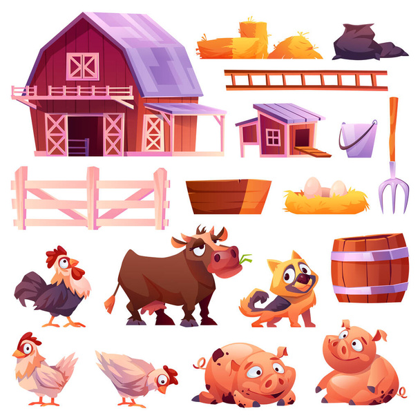 Conjunto de iconos aislados granja. Campo, animales, granero - Vector, Imagen