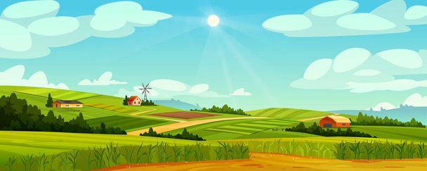 Rural landscape with farm houses, windmills, barns - Vector, Image