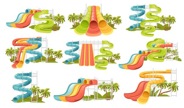 Σύνολο της εικονογράφησης waterpark με χρωματιστές πλαστικές διαφάνειες βίδα και πισίνα με φοίνικα στην ακτή διανυσματική απεικόνιση σε λευκό φόντο - Διάνυσμα, εικόνα