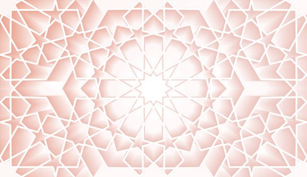 Seamless Islamic pattern, white line art persian mosaic motif. Ramadan banner Arabic round pattern elements. Geometric circular old rose ornament Muslim symbol, vector isolated on pink background - Vector, Image
